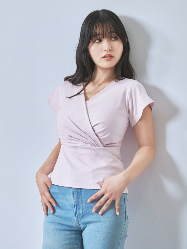 サマーカシュクールカットソー:パウダーピンク│胸が大きな女性のため サマーカシュクールカットソー:パウダーピンク│胸が大きな女性のため