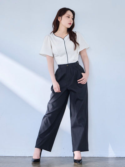 [8/14 22:00発売 期間限定 300円OFF]ハートネックパイピングブラウス：オフホワイト[102サイズ対応/入荷次第発送]