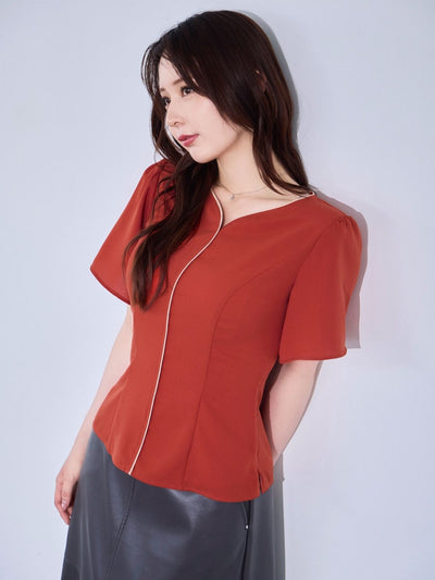 [8/14 22:00発売 期間限定 300円OFF]ハートネックパイピングブラウス：オレンジ[102サイズ対応/入荷次第発送]