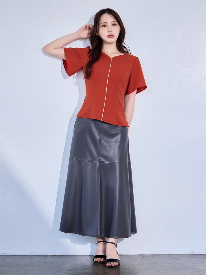 ハートネックパイピングブラウス：オレンジ│胸が大きな女性のための