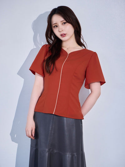 [8/14 22:00発売 期間限定 300円OFF]ハートネックパイピングブラウス：オレンジ[102サイズ対応/入荷次第発送]