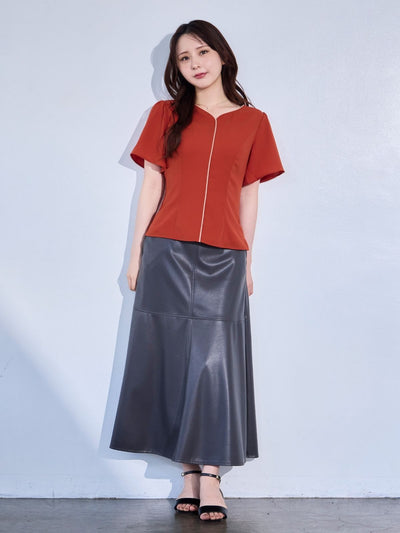 [8/14 22:00発売 期間限定 300円OFF]ハートネックパイピングブラウス：オレンジ[102サイズ対応/入荷次第発送]