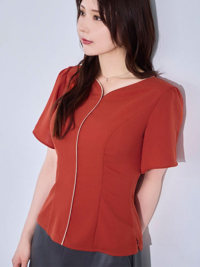[8/14 22:00発売 期間限定 300円OFF]ハートネックパイピングブラウス：オレンジ[102サイズ対応/入荷次第発送]