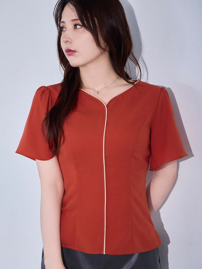 [8/14 22:00発売 期間限定 300円OFF]ハートネックパイピングブラウス：オレンジ[102サイズ対応/入荷次第発送]