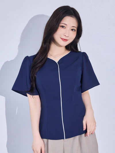 [8/14 22:00発売 期間限定 300円OFF]ハートネックパイピングブラウス：ネイビー[102サイズ対応/入荷次第発送]