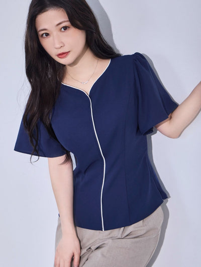 [8/14 22:00発売 期間限定 300円OFF]ハートネックパイピングブラウス：ネイビー[102サイズ対応/入荷次第発送]