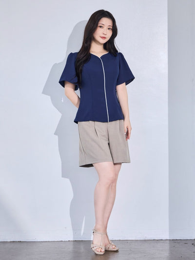 [8/14 22:00発売 期間限定 300円OFF]ハートネックパイピングブラウス：ネイビー[102サイズ対応/入荷次第発送]