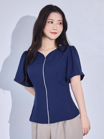 [8/14 22:00発売 期間限定 300円OFF]ハートネックパイピングブラウス：ネイビー[102サイズ対応/入荷次第発送]