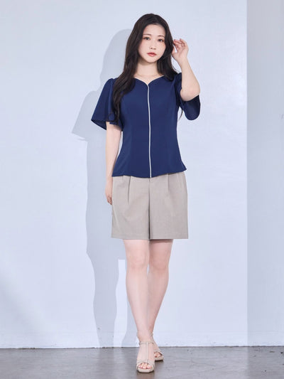 [8/14 22:00発売 期間限定 300円OFF]ハートネックパイピングブラウス：ネイビー[102サイズ対応/入荷次第発送]