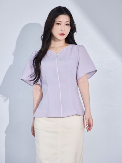 [8/14 22:00発売 期間限定 300円OFF]ハートネックパイピングブラウス：ラベンダー[102サイズ対応/入荷次第発送]