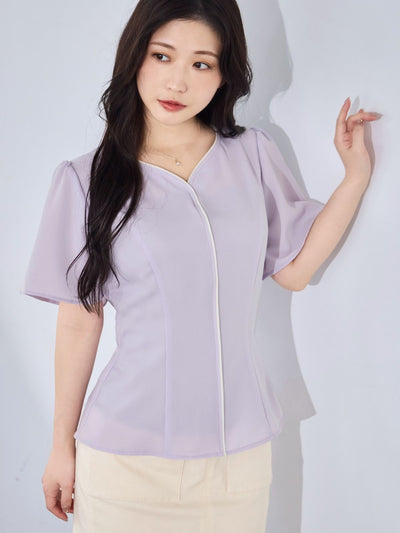 [8/14 22:00発売 期間限定 300円OFF]ハートネックパイピングブラウス：ラベンダー[102サイズ対応/入荷次第発送]
