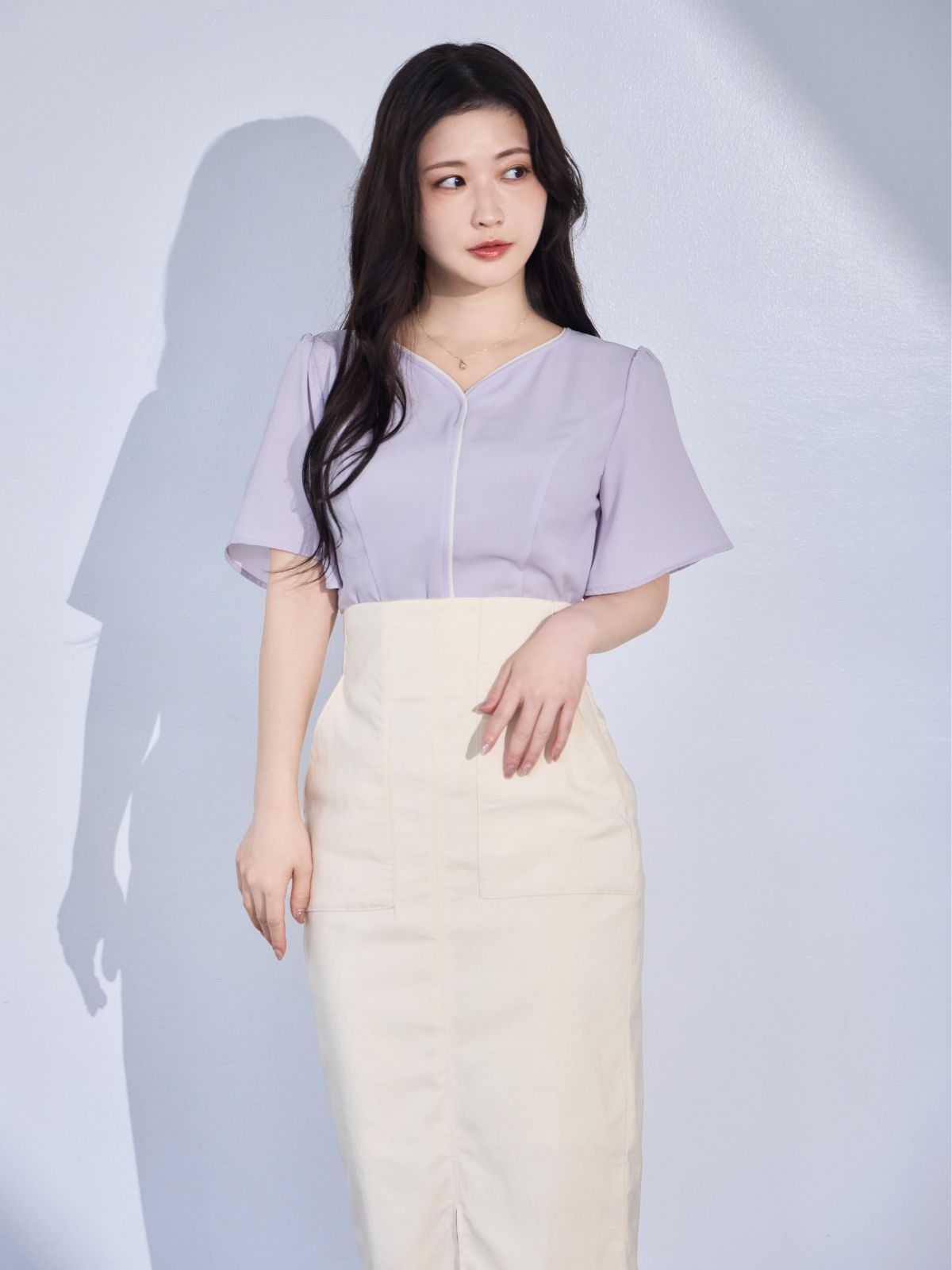 [8/14 22:00発売 期間限定 300円OFF]ハートネックパイピングブラウス：ラベンダー[102サイズ対応/入荷次第発送]