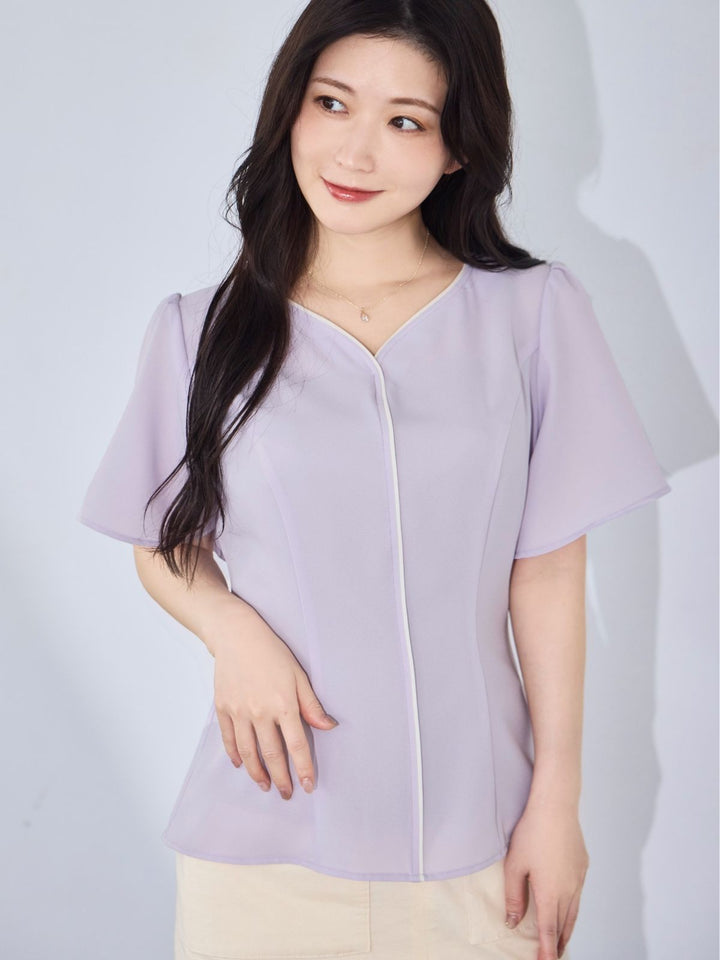 overE ハートネックパイピングブラウス 96 ハートネックパイピングブラウス：ラベンダー│胸が大きな女性のための