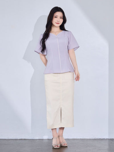 [8/14 22:00発売 期間限定 300円OFF]ハートネックパイピングブラウス：ラベンダー[102サイズ対応/入荷次第発送]