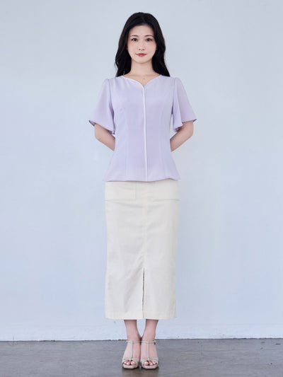 [8/14 22:00発売 期間限定 300円OFF]ハートネックパイピングブラウス：ラベンダー[102サイズ対応/入荷次第発送]