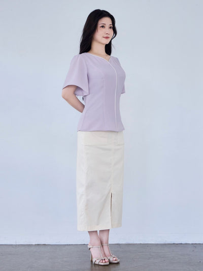 [8/14 22:00発売 期間限定 300円OFF]ハートネックパイピングブラウス：ラベンダー[102サイズ対応/入荷次第発送]