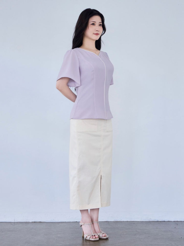 overE　ハートネックパイピングブラウス　ラベンダー　102 ハートネックパイピングブラウス：ラベンダー│胸が大きな女性のための