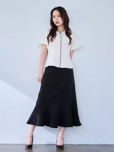 [8/14 22:00発売 期間限定 300円OFF]ハートネックパイピングブラウス：オフホワイト[102サイズ対応/入荷次第発送]