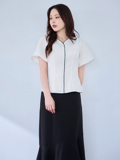 [8/14 22:00発売 期間限定 300円OFF]ハートネックパイピングブラウス：オフホワイト[102サイズ対応/入荷次第発送]