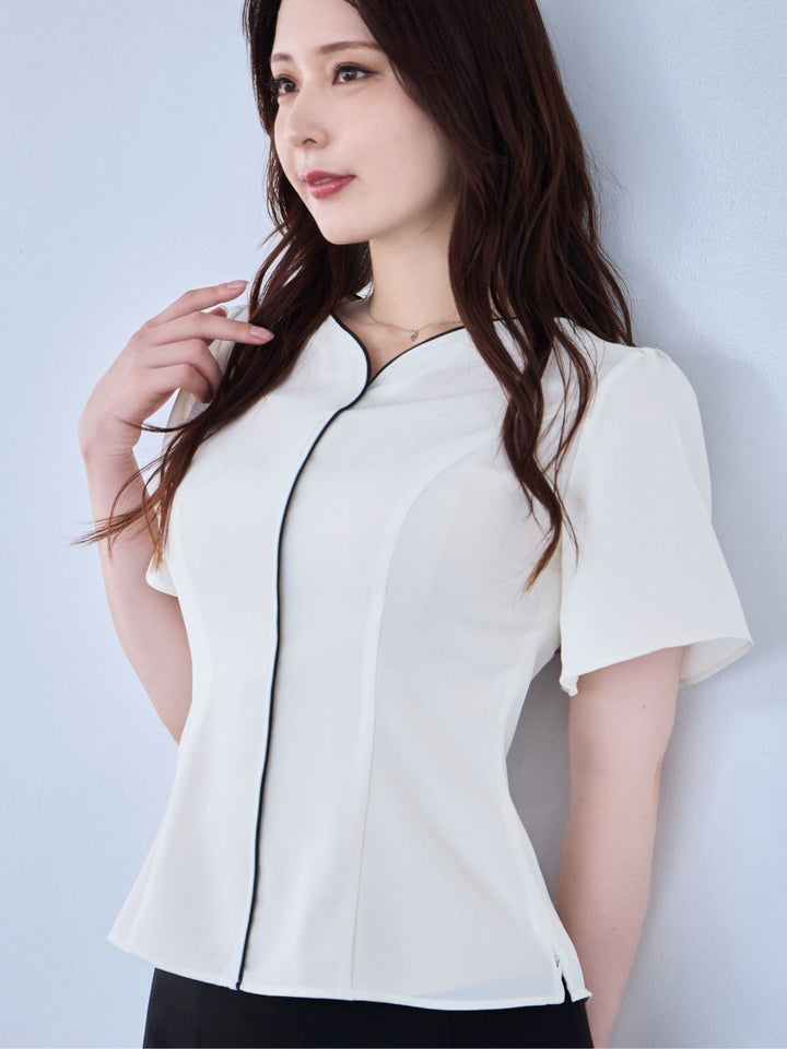 【未使用品】overE ハートネックパイピングブラウス オレンジ 96 ハートネックパイピングブラウス：オレンジ│胸が大きな女性のための