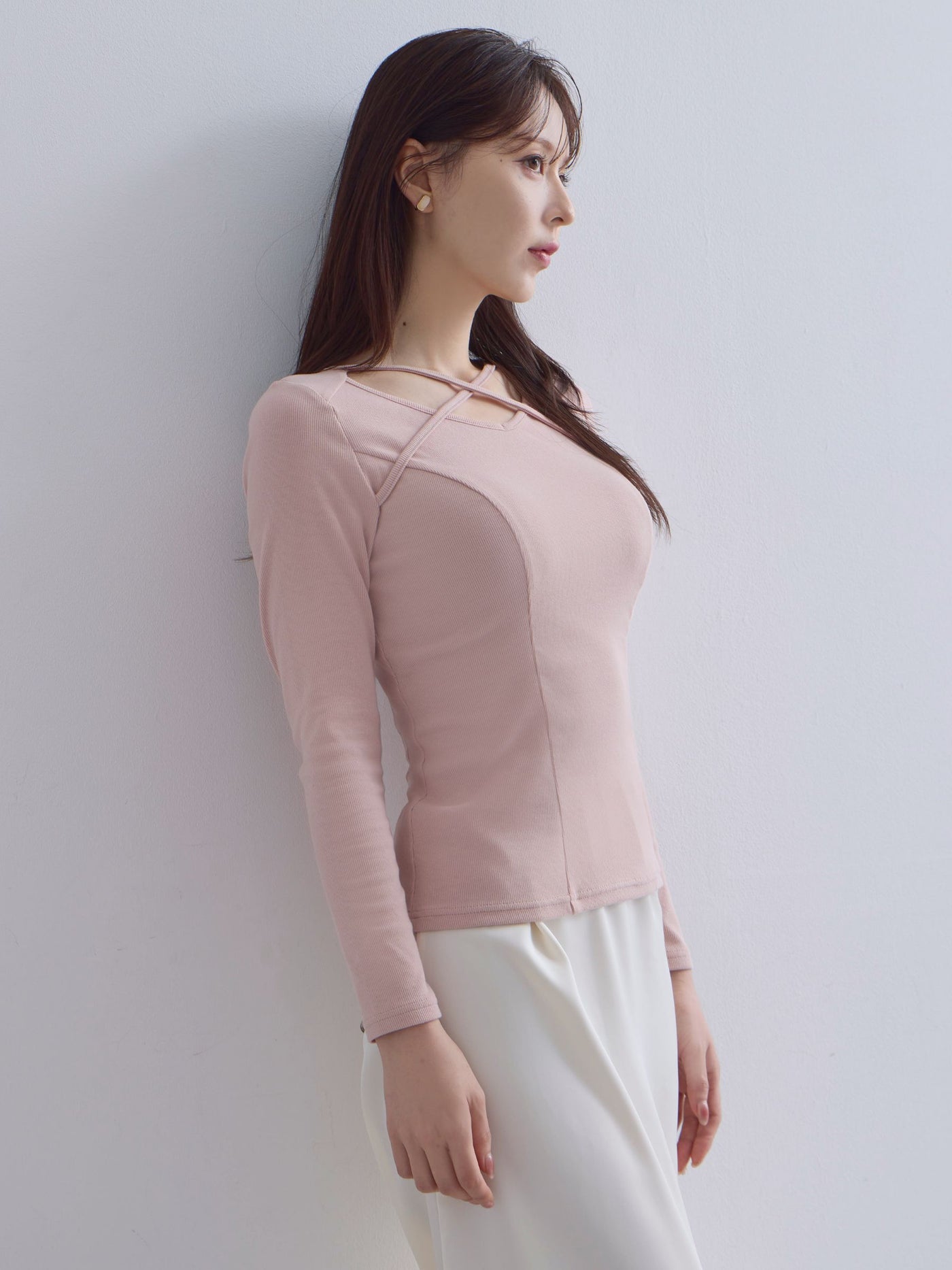 [10/16 22:00発売 期間限定 300円OFF]Vネックストラップカットソー：ライトピンク[102サイズ対応]