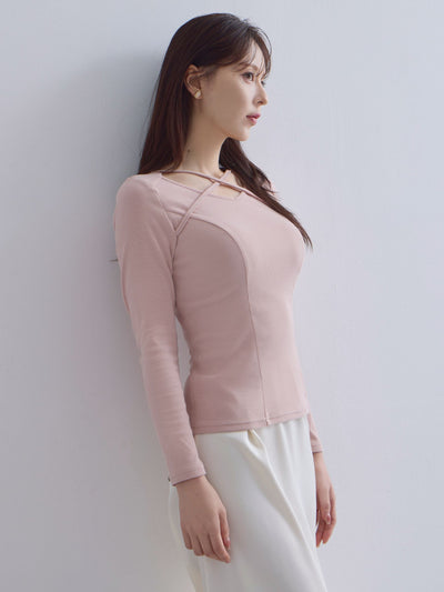 [10/16 22:00発売 期間限定 300円OFF]Vネックストラップカットソー：ライトピンク[102サイズ対応]
