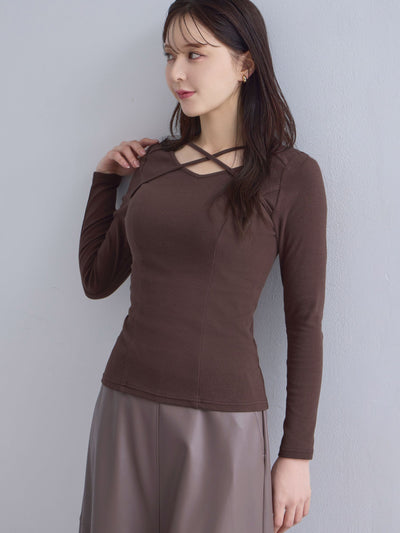 [10/16 22:00発売 期間限定 300円OFF]Vネックストラップカットソー：チョコレート[102サイズ対応]