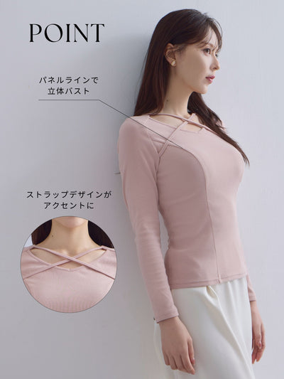 [10/16 22:00発売 期間限定 300円OFF]Vネックストラップカットソー：ブラック[102サイズ対応]