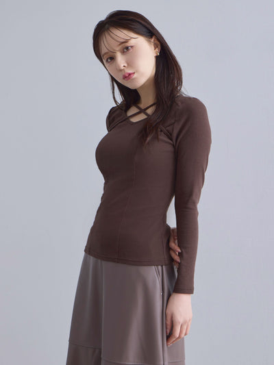 [10/16 22:00発売 期間限定 300円OFF]Vネックストラップカットソー：チョコレート[102サイズ対応]