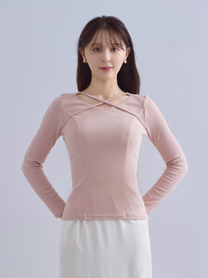 Vネックストラップカットソー：ライトピンク│胸が大きな女性のための