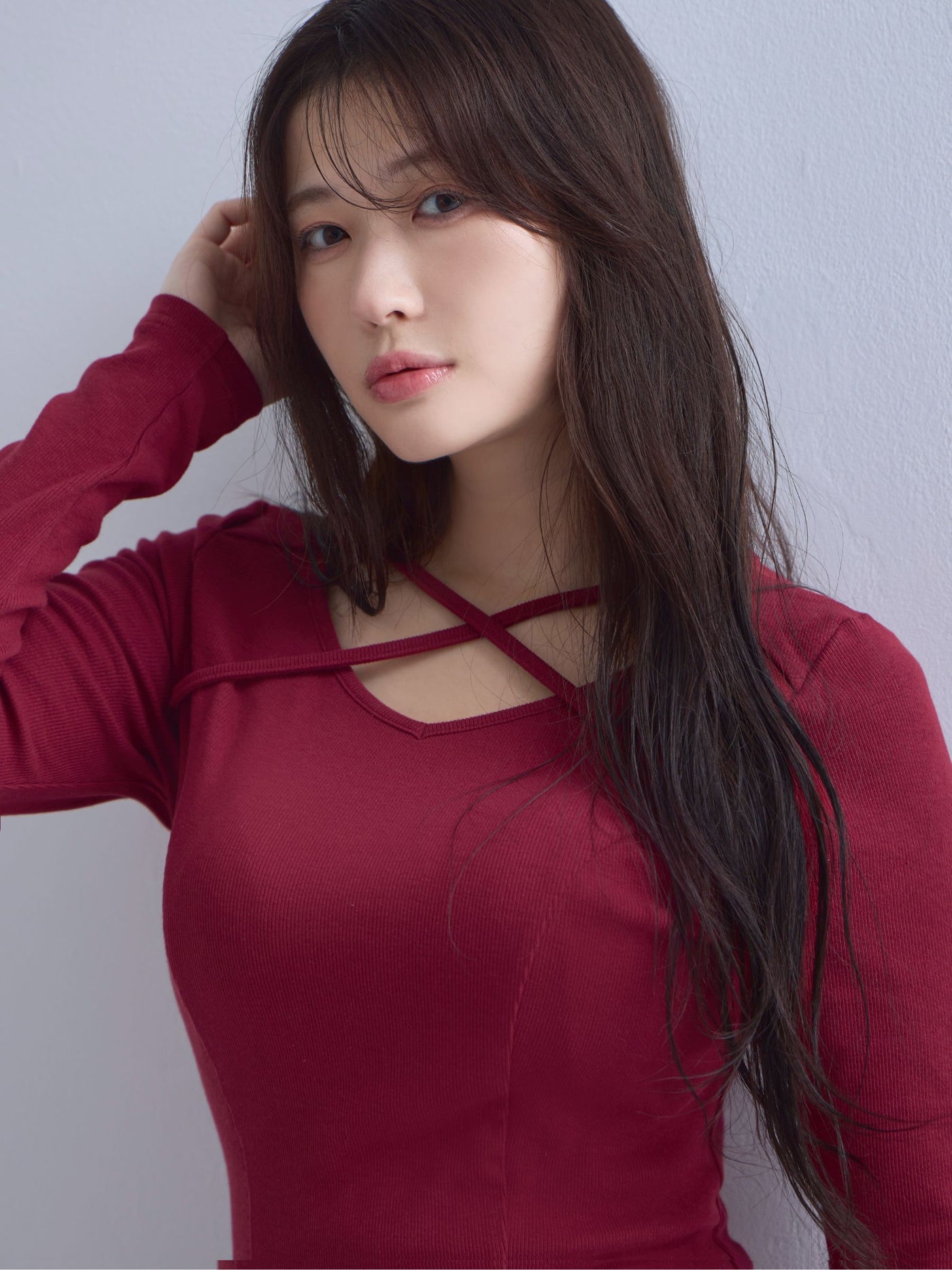 [10/16 22:00発売 期間限定 300円OFF]Vネックストラップカットソー：ボルドー[102サイズ対応]