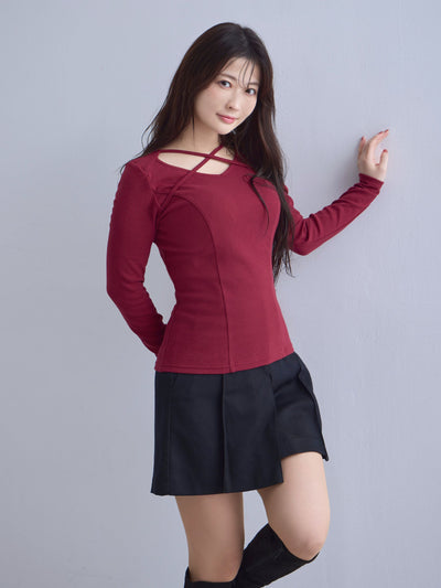 [10/16 22:00発売 期間限定 300円OFF]Vネックストラップカットソー：ボルドー[102サイズ対応]