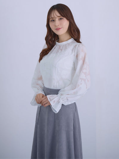 [12/11 22:00発売 期間限定 300円OFF]キャンディスリーブジャカードブラウス：ホワイト[102サイズ対応]