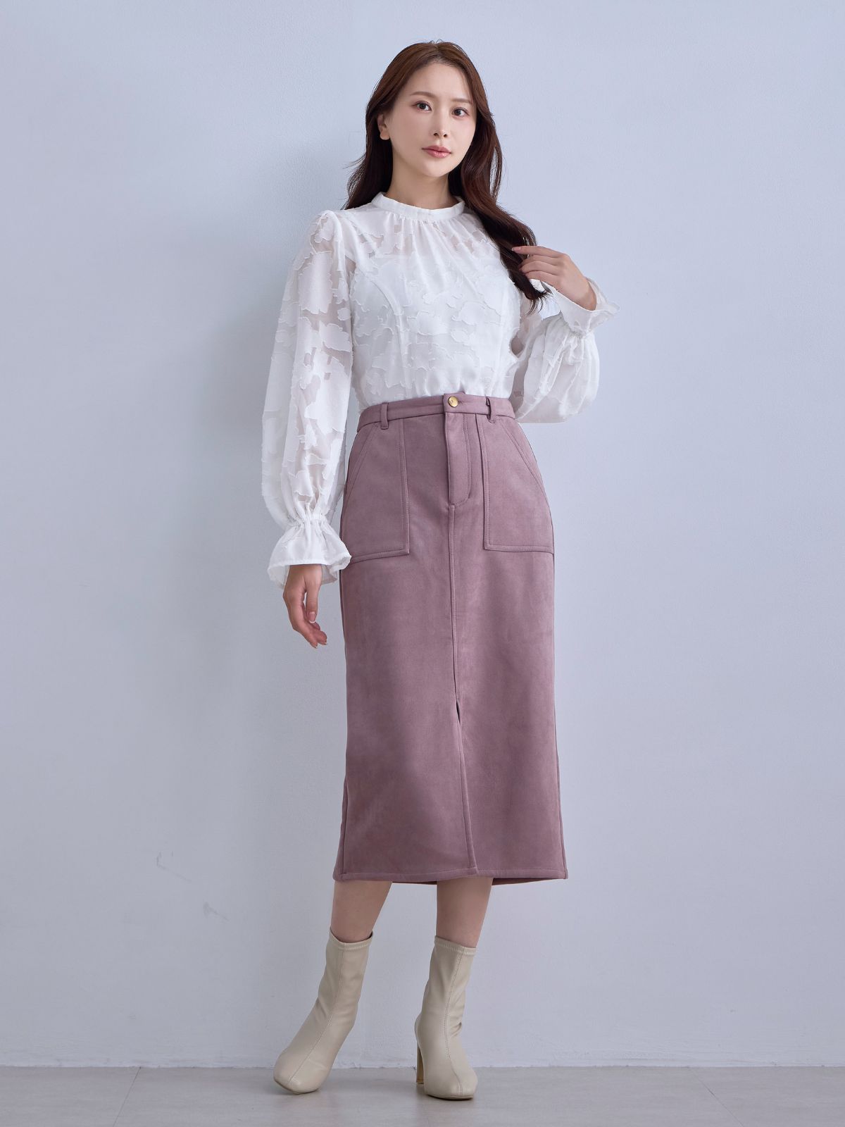 [12/11 22:00発売 期間限定 300円OFF]キャンディスリーブジャカードブラウス：ホワイト[102サイズ対応]