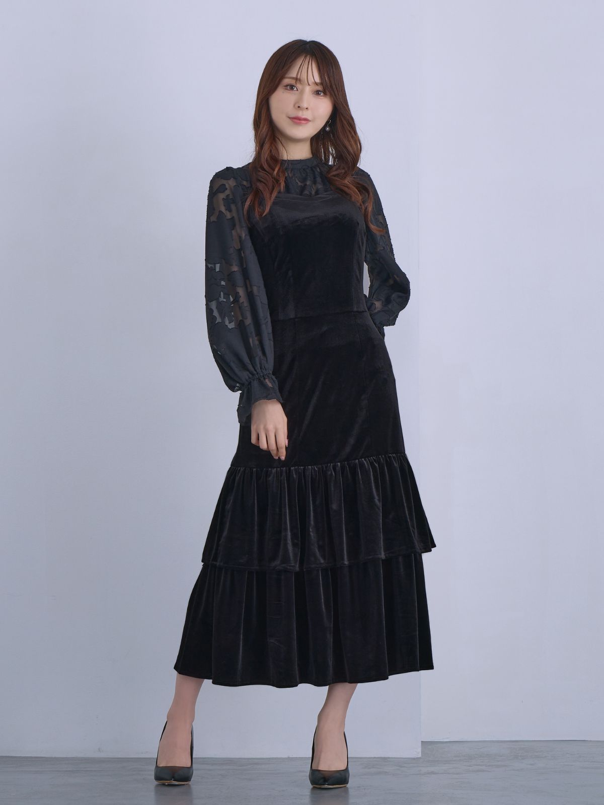 [12/11 22:00発売 期間限定 300円OFF]キャンディスリーブジャカードブラウス：ブラック[102サイズ対応]