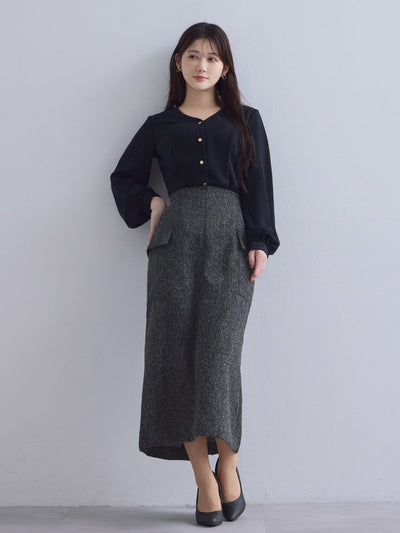 [10/23 22:00発売 期間限定 300円OFF] Vネック前開きブラウス 25AW：ブラック[102サイズ対応/入荷次第発送]