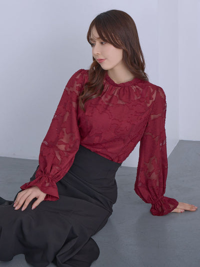 [12/11 22:00発売 期間限定 300円OFF]キャンディスリーブジャカードブラウス：ボルドー[102サイズ対応]