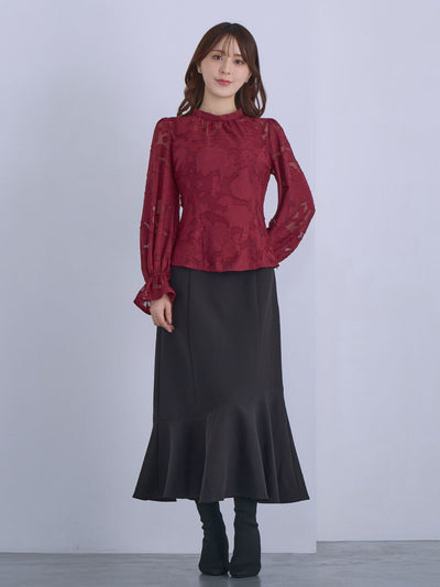 [12/11 22:00発売 期間限定 300円OFF]キャンディスリーブジャカードブラウス：ボルドー[102サイズ対応]