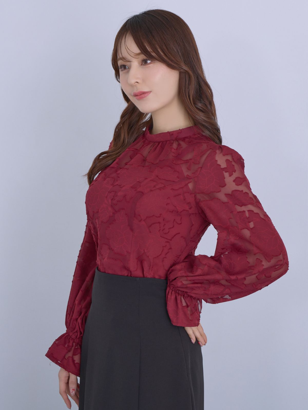 [12/11 22:00発売 期間限定 300円OFF]キャンディスリーブジャカードブラウス：ボルドー[102サイズ対応]