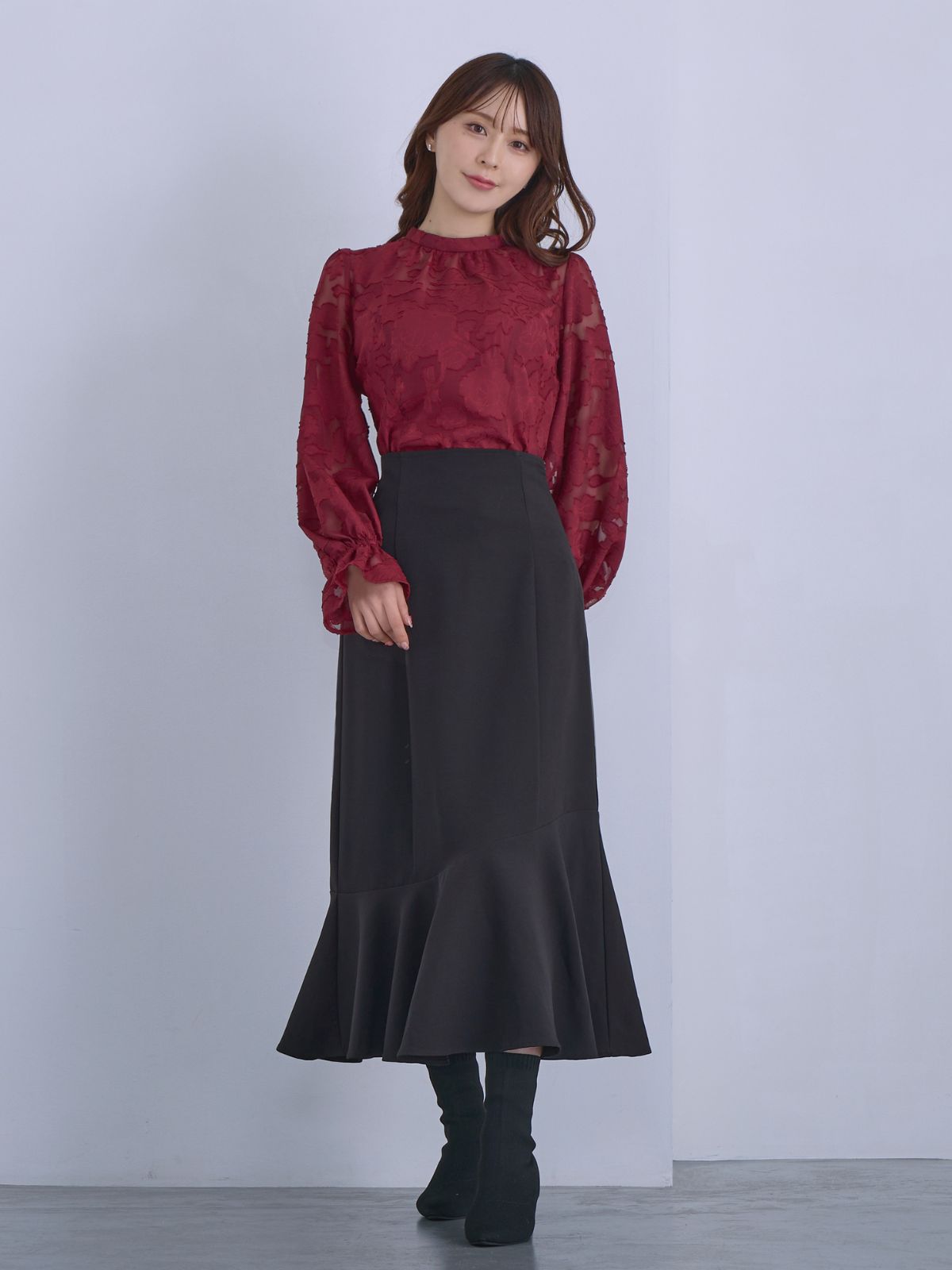 [12/11 22:00発売 期間限定 300円OFF]キャンディスリーブジャカードブラウス：ボルドー[102サイズ対応]