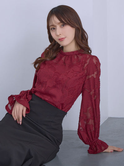 [12/11 22:00発売 期間限定 300円OFF]キャンディスリーブジャカードブラウス：ボルドー[102サイズ対応]