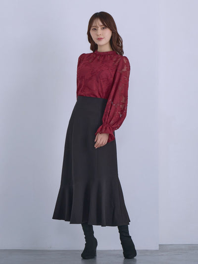 [12/11 22:00発売 期間限定 300円OFF]キャンディスリーブジャカードブラウス：ボルドー[102サイズ対応]