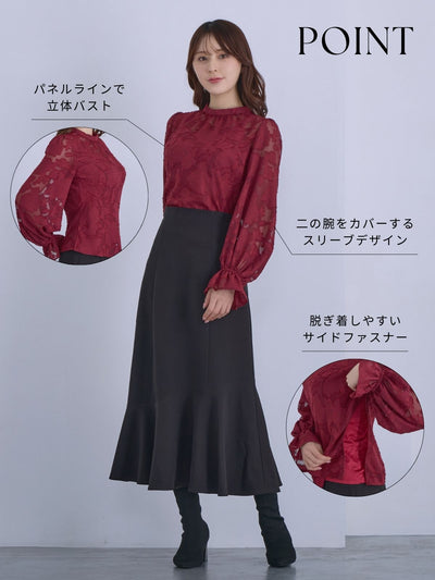 [12/11 22:00発売 期間限定 300円OFF]キャンディスリーブジャカードブラウス：ボルドー[102サイズ対応]