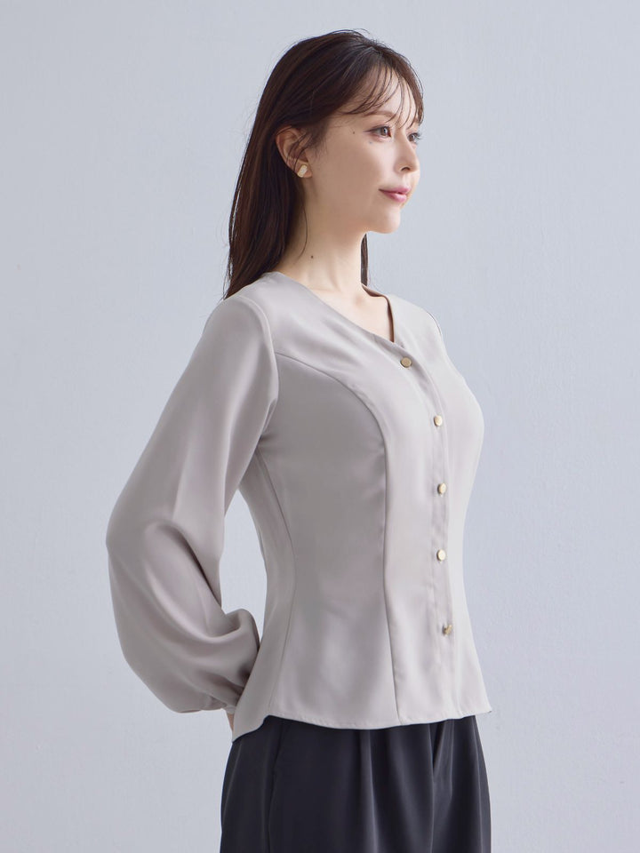 Vネック前開きブラウス 25AW：グレージュ│胸が大きな女性のための