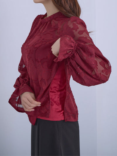 [12/11 22:00発売 期間限定 300円OFF]キャンディスリーブジャカードブラウス：ボルドー[102サイズ対応]