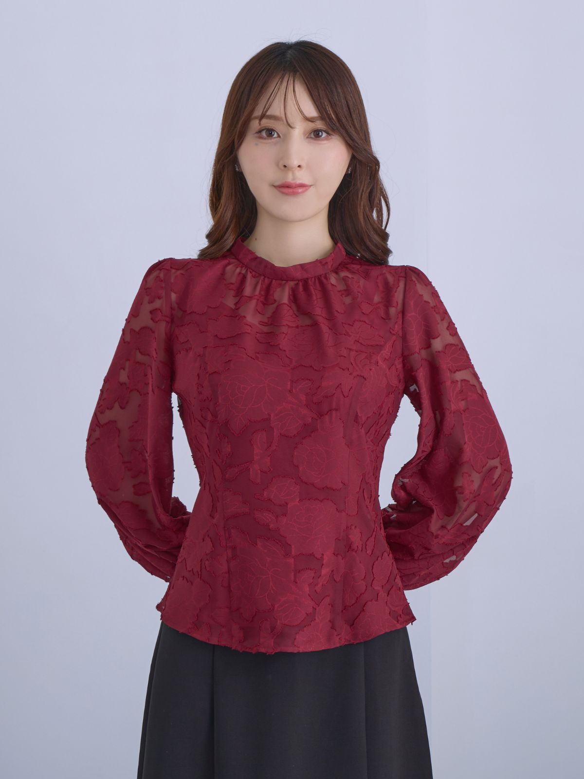 [12/11 22:00発売 期間限定 300円OFF]キャンディスリーブジャカードブラウス：ボルドー[102サイズ対応]
