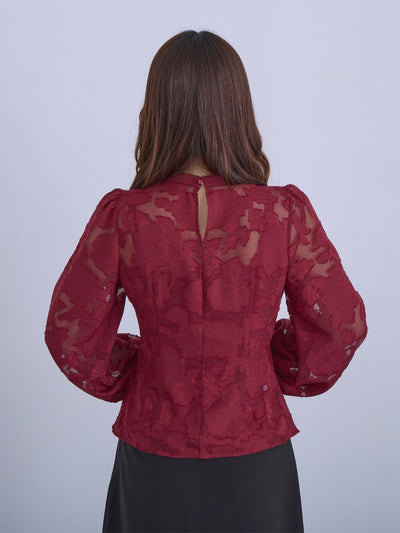 [12/11 22:00発売 期間限定 300円OFF]キャンディスリーブジャカードブラウス：ボルドー[102サイズ対応]