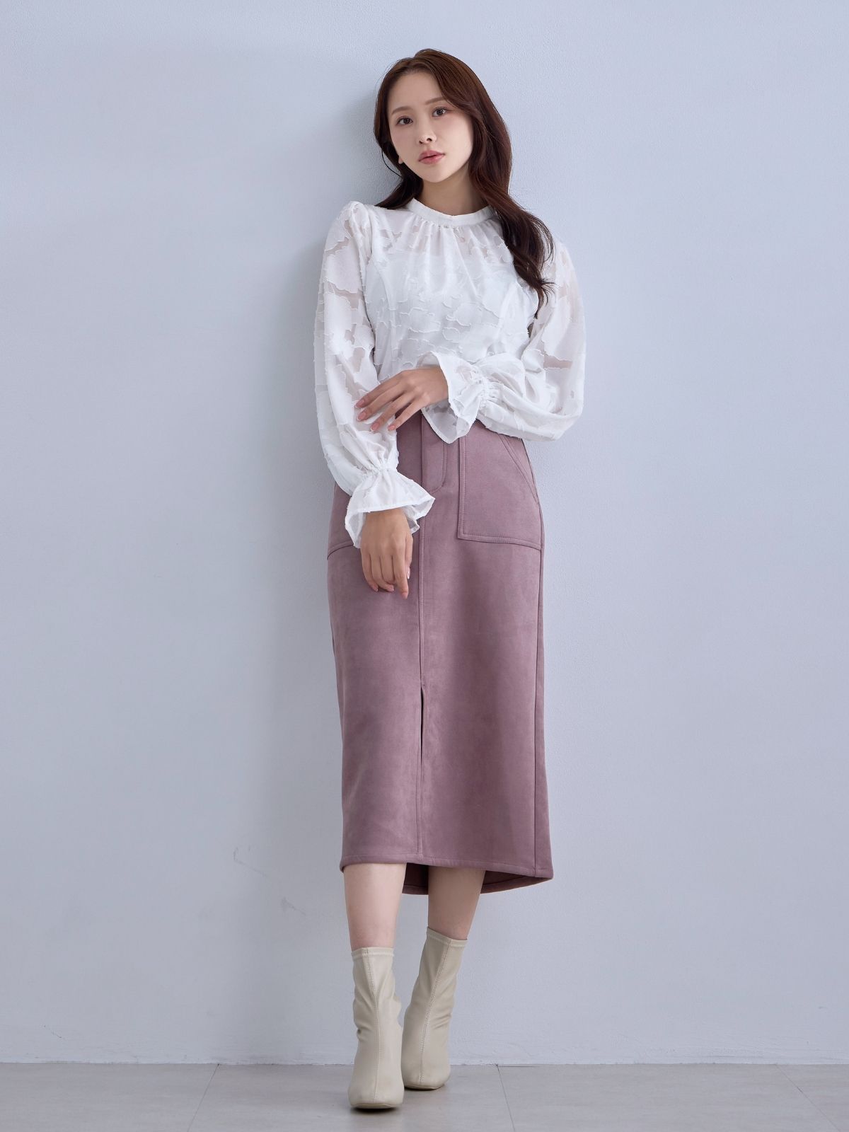 [12/11 22:00発売 期間限定 300円OFF]キャンディスリーブジャカードブラウス：ホワイト[102サイズ対応]