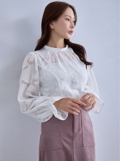[12/11 22:00発売 期間限定 300円OFF]キャンディスリーブジャカードブラウス：ホワイト[102サイズ対応]