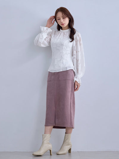 [12/11 22:00発売 期間限定 300円OFF]キャンディスリーブジャカードブラウス：ホワイト[102サイズ対応]